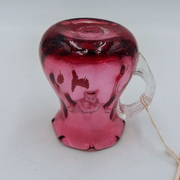 Pilgrim Glass Handblown Cranberry Vase Pitcher Applied Clear Handle 4 Inch Tags - Picture 12 of 13